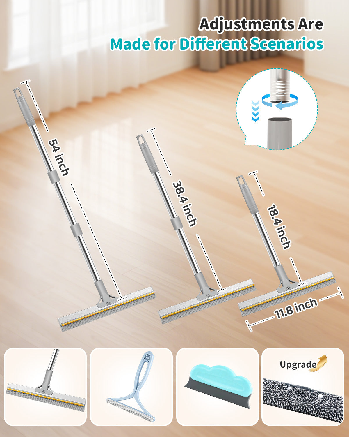 Skrmisda 7-in-1 Pet Hair Removal Carpet Rake & Squeegee – Multi-Surface Fur Cleaner with Extendable Pole