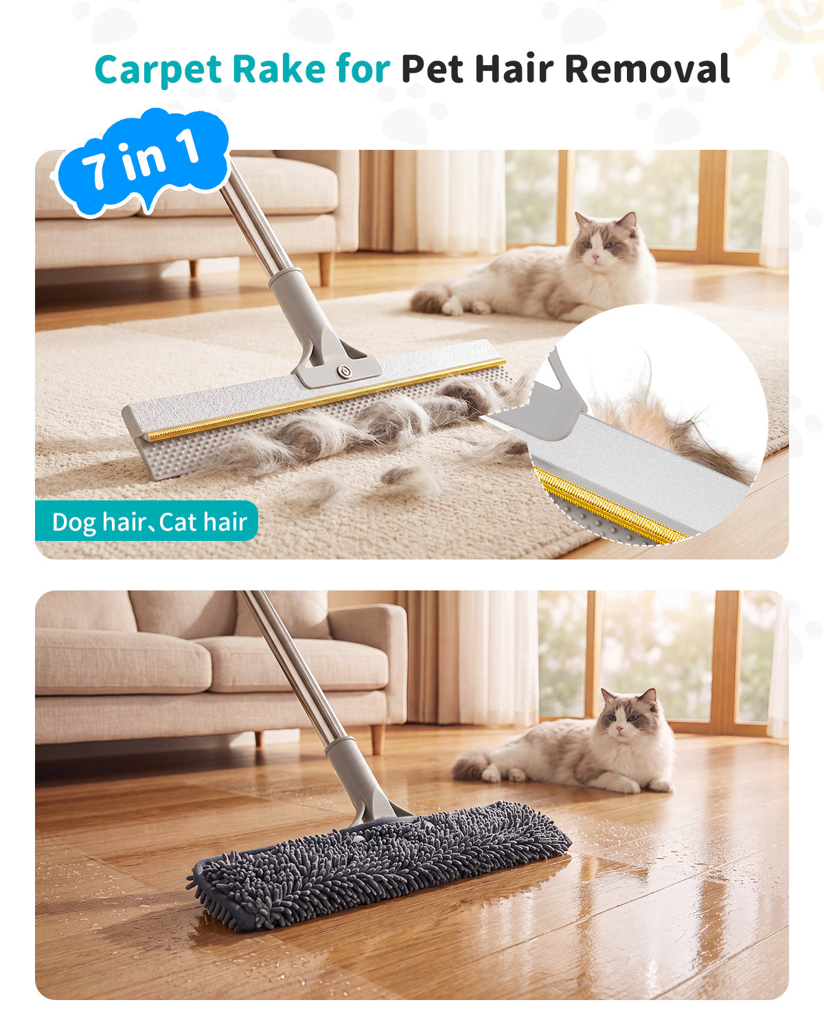 Skrmisda 7-in-1 Pet Hair Removal Carpet Rake & Squeegee – Multi-Surface Fur Cleaner with Extendable Pole