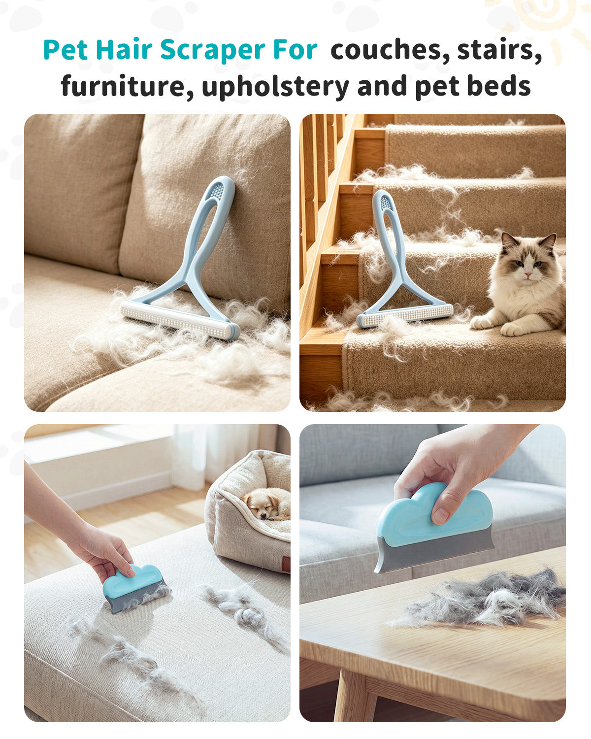 Skrmisda 7-in-1 Pet Hair Removal Carpet Rake & Squeegee – Multi-Surface Fur Cleaner with Extendable Pole