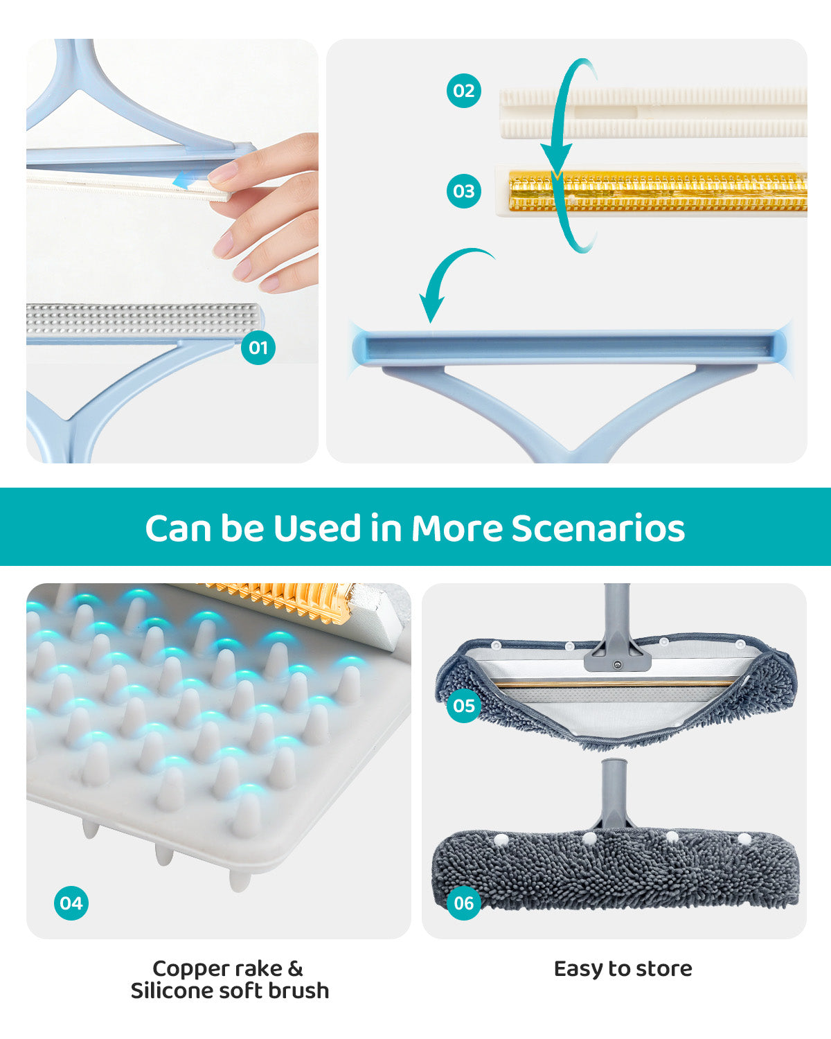 Skrmisda 7-in-1 Pet Hair Removal Carpet Rake & Squeegee – Multi-Surface Fur Cleaner with Extendable Pole