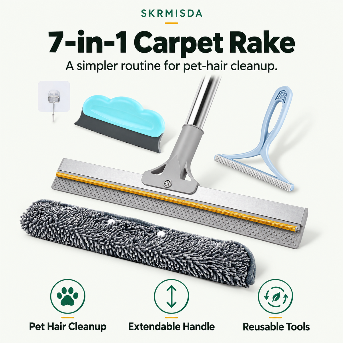 Skrmisda 7-in-1 Pet Hair Removal Carpet Rake & Squeegee – Multi-Surface Fur Cleaner with Extendable Pole