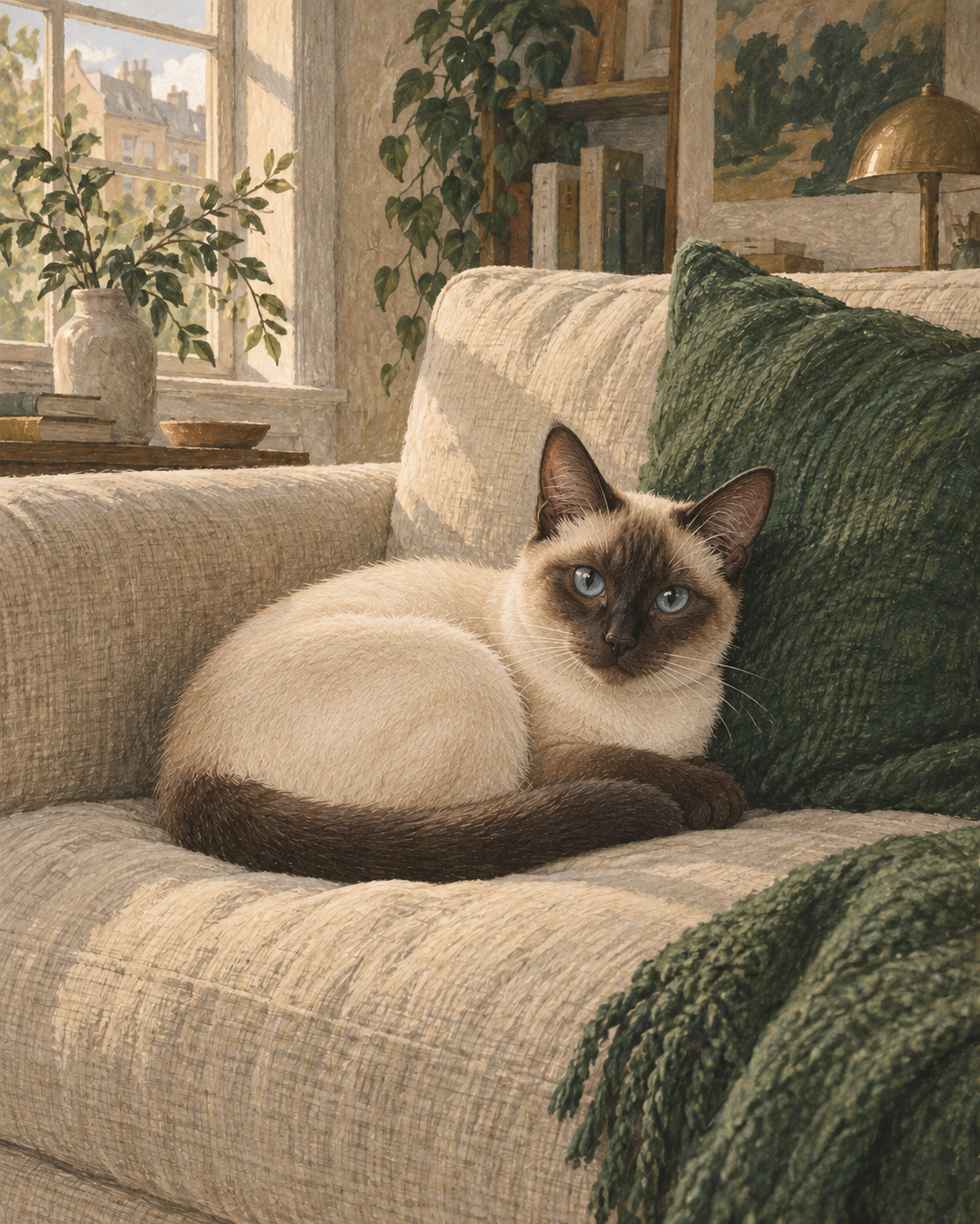 Illustration of a Siamese cat settling into a shared home.