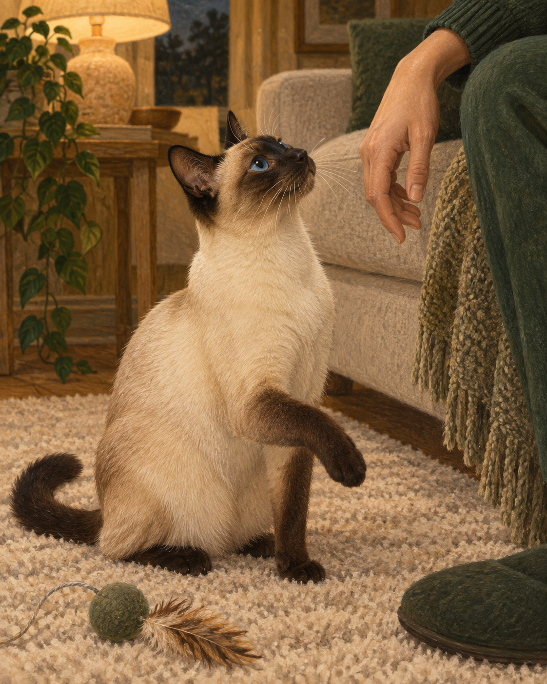 Illustration of a Siamese cat looking toward a resting companion after work.