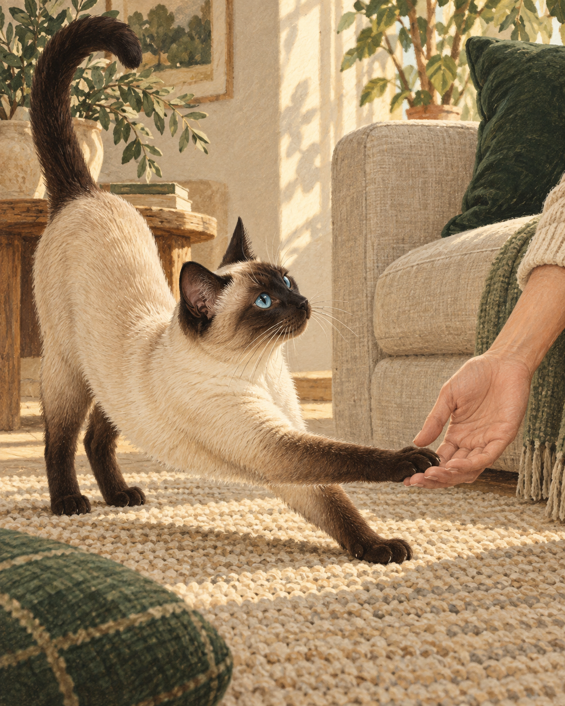 Illustration of a Siamese cat reaching toward a companion’s hand.