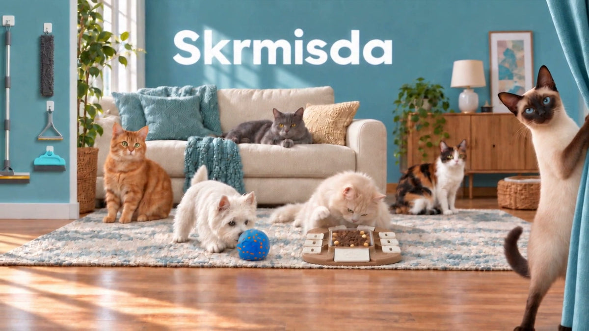 A Siamese cat opens curtains to reveal Skrmisda pet products, then peeks out from the right.
